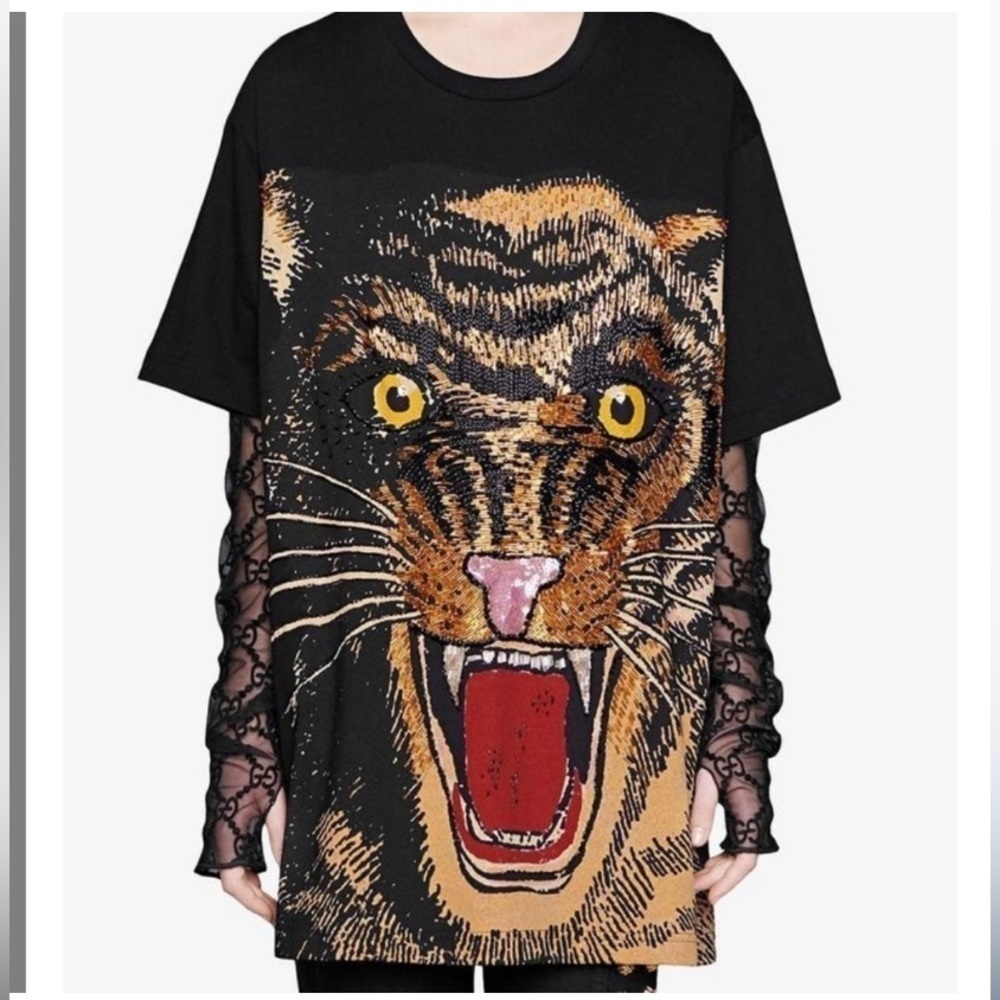 Gucci | Oversized Feline Print T-shirt Top Embroidered Beaded Size Small